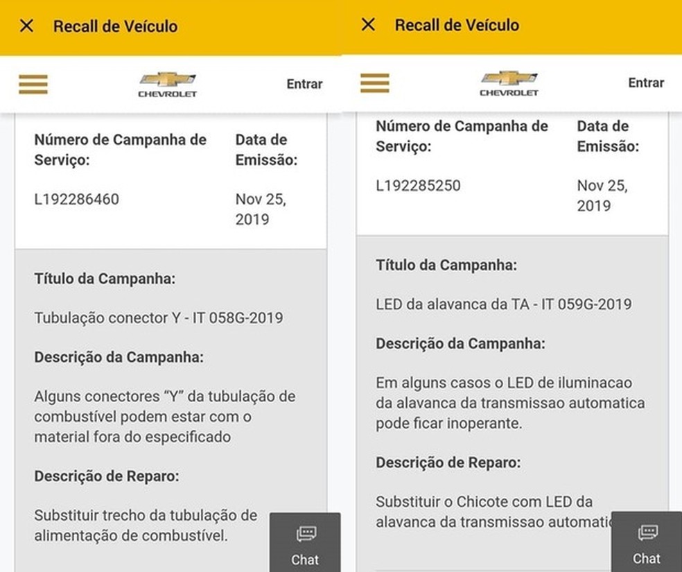 Aplicativo para usuários fazia notificação de reparo na área de "Recall de veículo" (Foto: Reprodução) — Foto: Auto Esporte