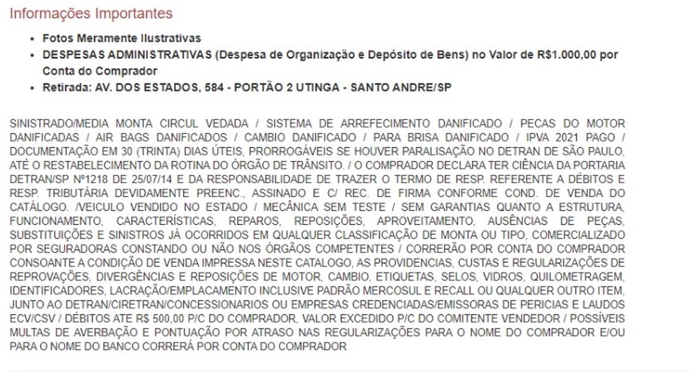 Edital de um carro em leilão no site "Freitas Leilão".  — Foto: Reprodução