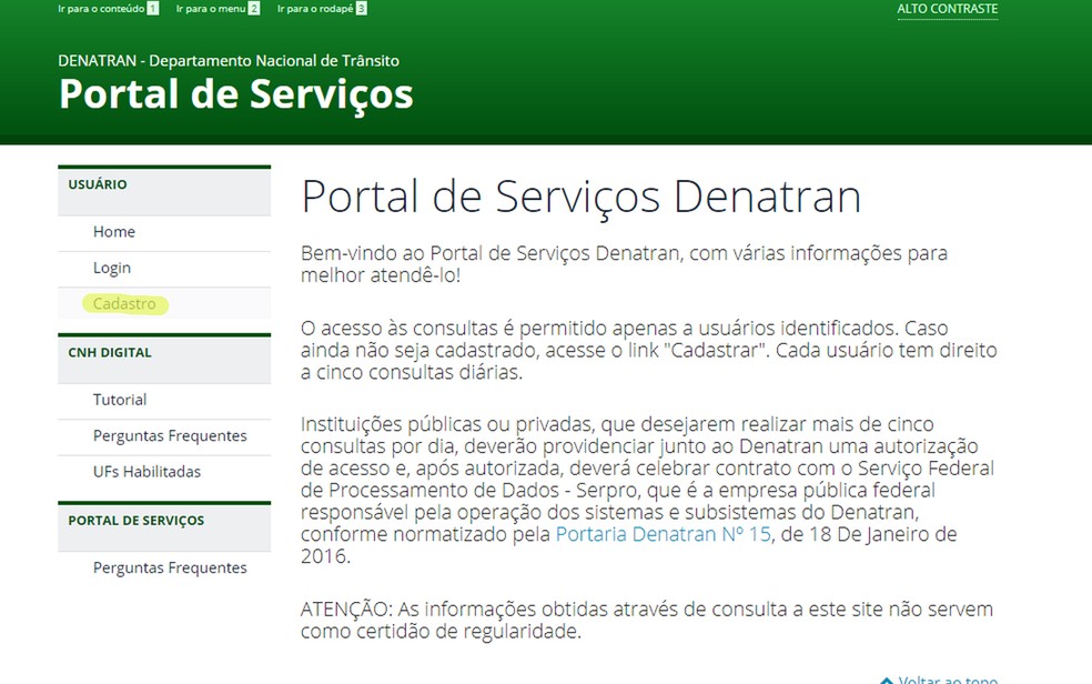 Para obter a CNH digital, é preciso se cadastrar no Portal de Serviços do Denatran — Foto: Reprodução