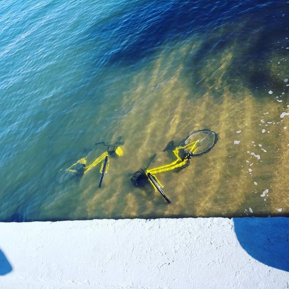Bicicletas do sistema de compartilhamento são encontradas jogadas ao mar em Ilhabela. — Foto: Luane Santana / Arquivo