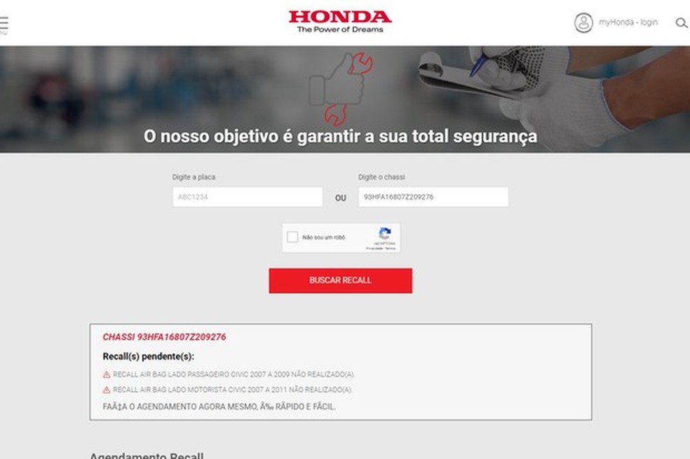 Sistema da Honda confirma que Civic 2007 do policial Tiago Ferreira foi convocado para o recall, mas não foi consertado (Foto: Reprodução) — Foto: Auto Esporte